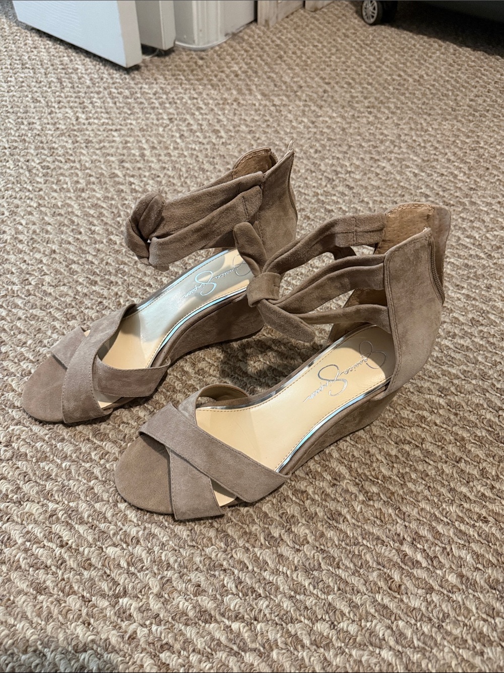 Jessica Simpson Taupe Suede Ankle-Tie Wedge Sandals